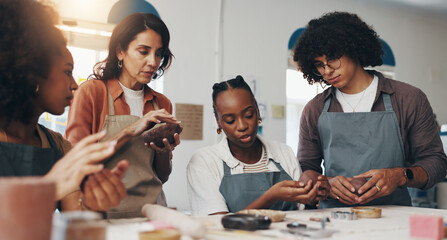 Woman, pottery and teaching with group, clay product and class for craft, art and sculpture...