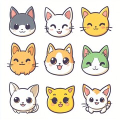 Adorable Cartoon Cat Heads Nine Cute Kawaii Kitten Illustrations Perfect for Kids Designs