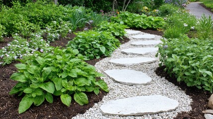 Winding stone pathway through garden beds