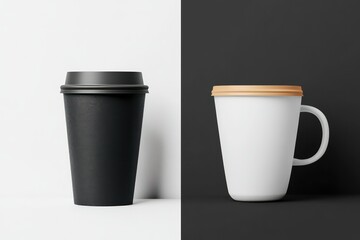 A side-by-side mockup of a coffee paper cup and reusable mug, featuring a modern, minimalist design.