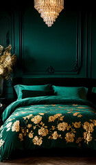 "A soft velvet bedspread in deep emerald green with golden floral patterns, adding a regal touch to a luxury bedroom."