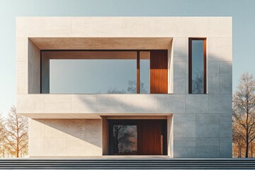 Minimalist House Facade with Composite Cladding and Wood Texture Exterior Siding Panels