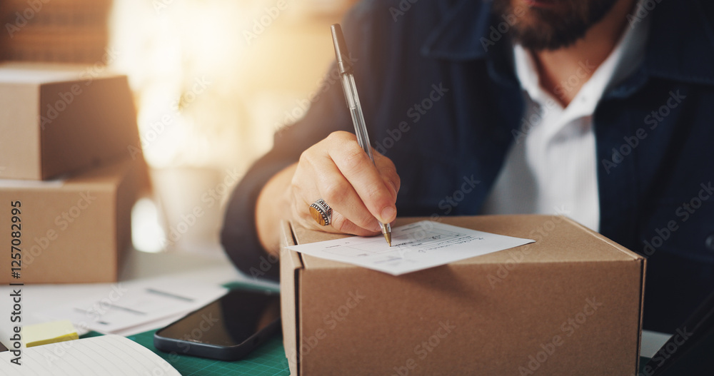 Poster Hands, man and writing on box for distribution process of online orders, invoice and shipping information. Person, paper and ecommerce label with package delivery, payment sticker and small business