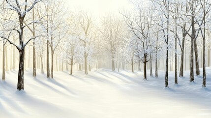 Fototapeta premium Serene Winter Landscape with Snow-Covered Trees and Soft Natural Light in a Tranquil Forest Setting