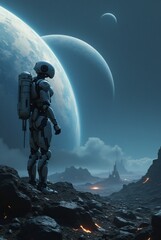 Naklejka premium Artificial intelligence explores space, robots on other planets