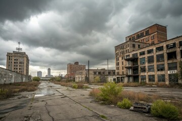 Moody cityscape with crumbling buildings and grey skies, abandoned, bleak, dilapidated