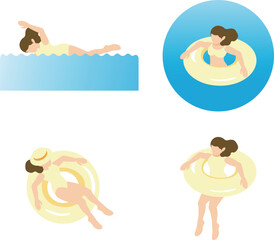 アイソメトリック　人物　女性　海　プール　水着　水泳　夏　スポーツ　レジャー　イラスト素材セット
