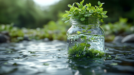 3D Illustration - Green Plant in Jar Submerged in Flowing Stream Water, Nature, Ecosystem, Conservation