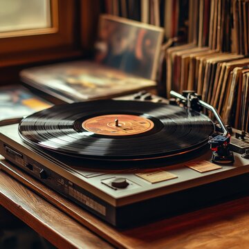 Vinyl record player playing music in a home library