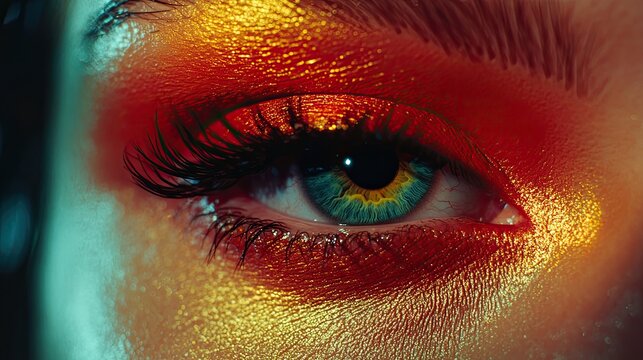 Close up of a womans eye with vibrant colorful makeup