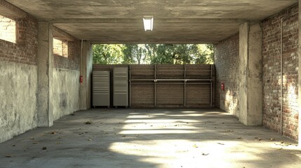 Empty urban basement garage, sunlight, storage