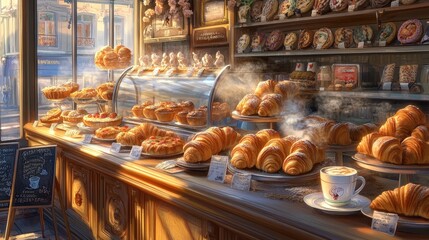 A caf counter with an assortment of fresh pastries, croissants, and a steaming coffee cup.