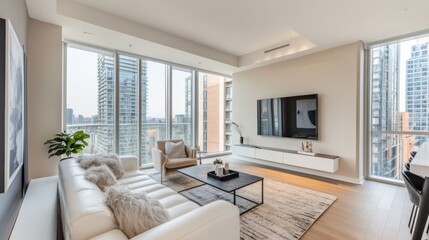 Fototapeta premium Luxury Condo Living Room with Panoramic City View