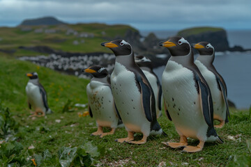 Fototapeta premium A group of penguins stands on a grassy terrain, with the ocean and distant islands visible in the background.
