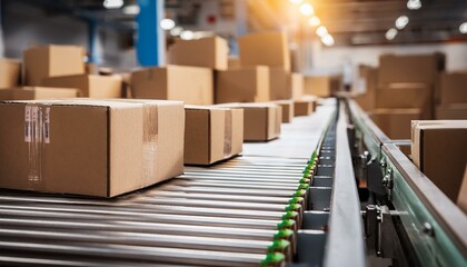 効率的な物流と配送プロセスを象徴するコンベアベルト上の段ボール箱