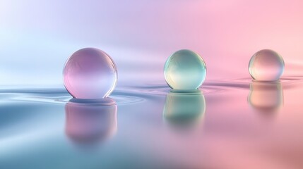 Pastel spheres float on calm water, serene background, perfect for wellness or meditation