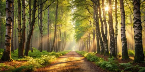Sunlight Filtering Through Green Forest Trees in Early Morning
