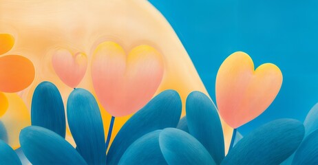 Abstract heart-shaped flowers with blue leaves against a vibrant yellow and blue background. Digital illustration with soft gradients and surreal nature elements. Love and Valentine's Day concept.
