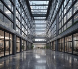 Office building with large windows and atrium design, architectural, office