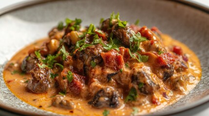 A close-up shot of creamy uni with seafood sauce, highlighting its rich texture and deep color.