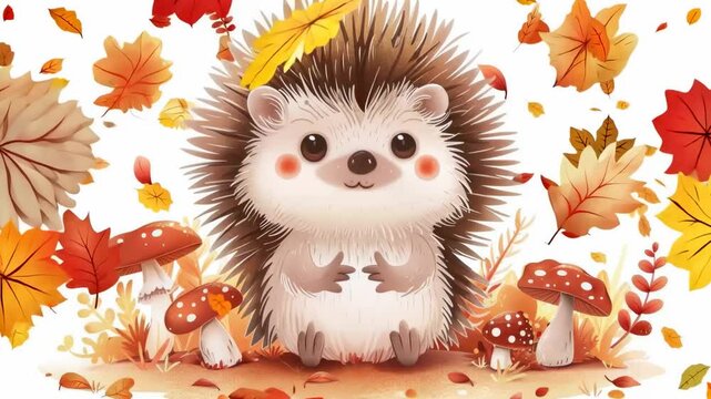 Adorable autumn-themed animation featuring a cute hedgehog beside colorful fallen leaves, capturing the cozy, natural charm of the fall season.