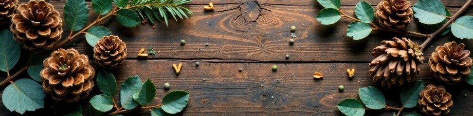 Ornate wooden background with pinecone and eucalyptus, pinecone, rustic