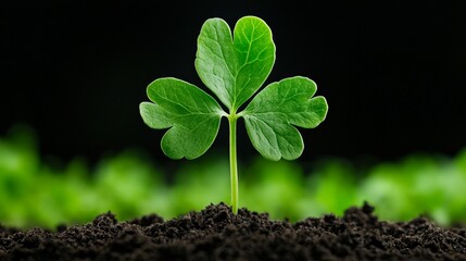 Naklejka premium Fresh Green Clover Plant Emerging from Dark Rich Soil