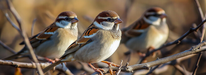 A group of sparrows on a branch, featuring brown-headed sparrows with white bellies in various poses.