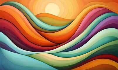 Vibrant abstract landscape painting featuring flowing, colorful waves under a warm sunset. Ideal for home decor, websites, and artistic projects.