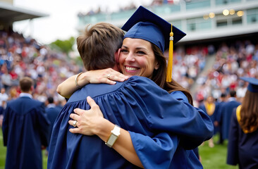 Graduate hugging mother at ceremony. Graduate in blue cap and gown hugging mother. Emotional moment during graduation ceremony. Crowd of people in background.