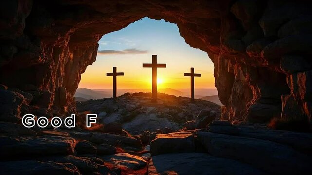Good friday text animated Crucifixion Of Jesus Christ holiday Sunrise Crosses On Hill 4k video