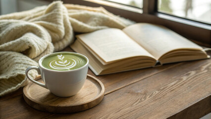Matcha healthy trend. Alternative reduce caffeine. A cozy lifestyle shot of a frothy matcha cup promoting a healthy trend with reduced caffeine.