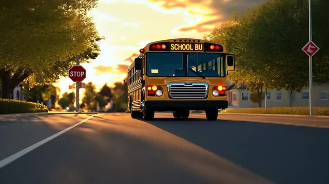 Yellow school bus driving on a residential street at sunset, near a stop sign.