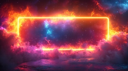 Vibrant cosmic scene with glowing neon frame surrounded by colorful clouds and starry background