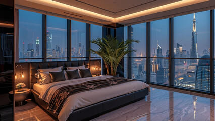 Fototapeta premium Ultra-Modern Bedroom with Cozy and Moody Ambiance