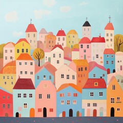 Fototapeta premium Colorful folk art painting of a modern cityscape vibrant decoration urban environment aerial view contemporary style