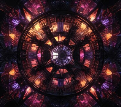 Kaleidoscope pattern made of broken mirrors and black lights, broken mirrors, black light, shattered glass