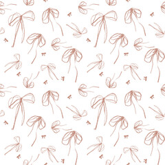 Seamless bow hand drawn with pencil pattern in color of year mocha mousse. Cute print with brown palette, crayon. Vintage bows in brown on white background