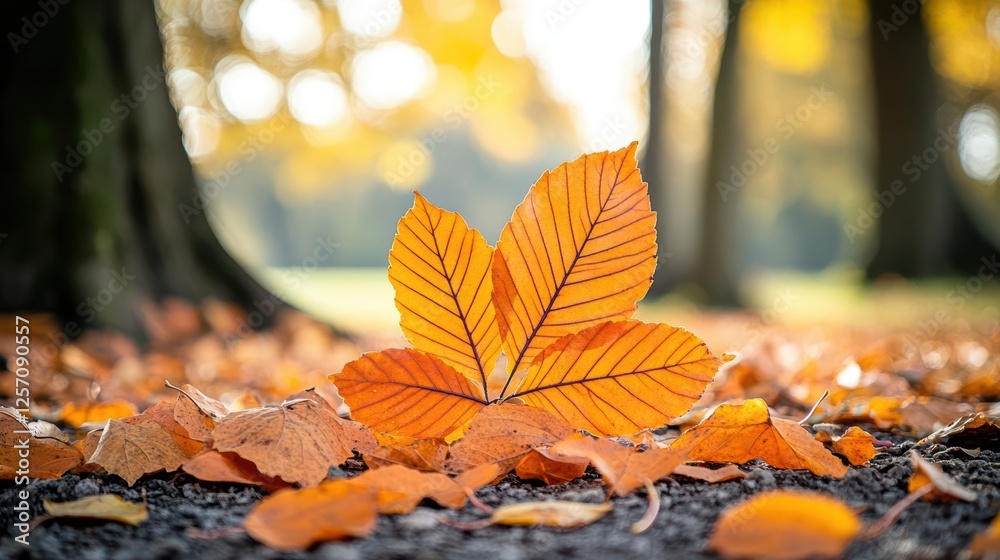 Poster leaf on the ground in a public park surrounded by grass and trees during autumn season