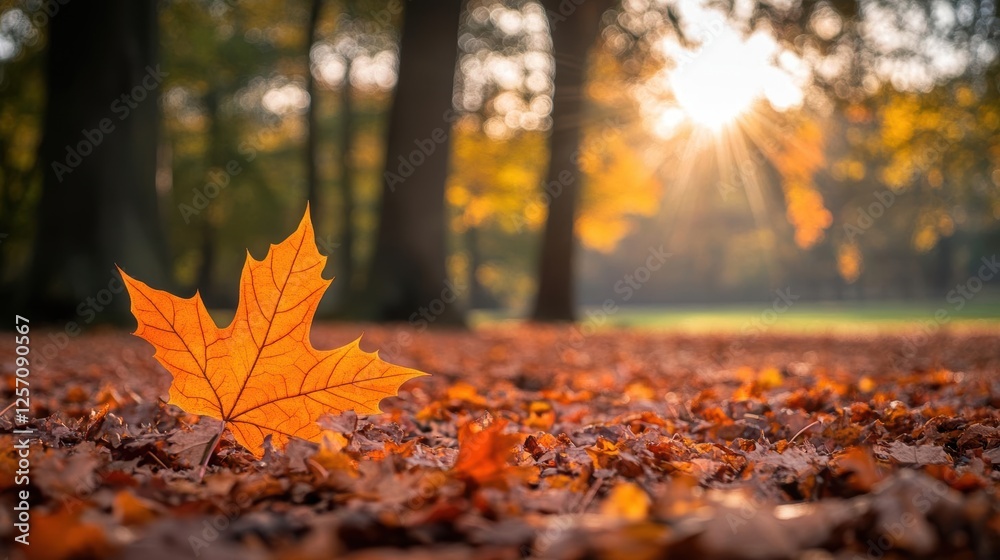 Poster Leaf resting on the ground in a park surrounded by grass and trees during daylight hours