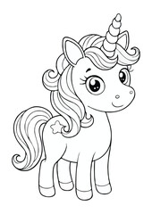 coloring page, simple black lineart illustration of a cute unicorn on white background. coloring page ready for print