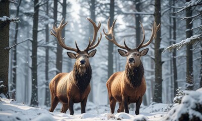 Obraz premium Large wild stag with antlers in snow-capped forest, alert prey, snowy setting, winter season, northern habitat