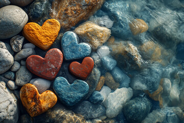 Obraz premium Vibrant tiny heart-shaped pebbles by the sea, symbolize love, romantic, love symbol, Valentine's day