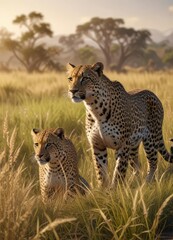 Naklejka premium Leopards solitary hunt in the tall savannah grass, natural habitat, grasslands,