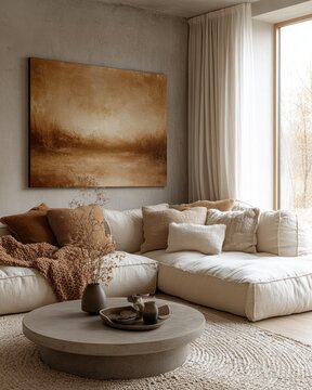 Scandinavian living room design with beige sofa terracotta pillows round coffee table and abstract wall art