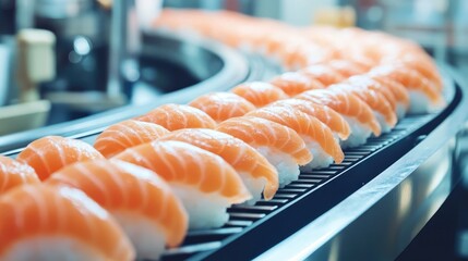 A detailed shot of salmon nigiri sushi smoothly moving along a conveyor belt.