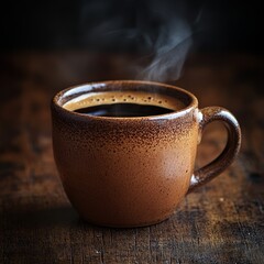 Fototapeta premium Steaming coffee cup on wooden table, dark background, ideal for cafe menu