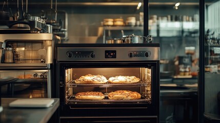 A double-deck oven with glass doors, showcasing a professional kitchen environment.