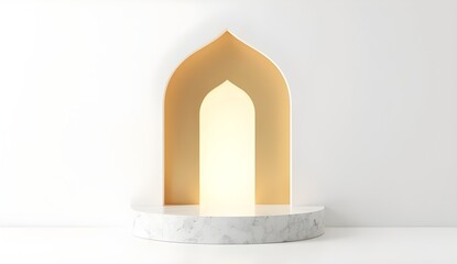 Fototapeta premium Elegant 3D Islamic display podium with marble surface and soft warm lighting