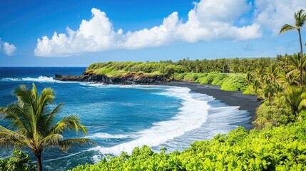 A dramatic black sand beachside with crashing waves and volcanic cliffs.